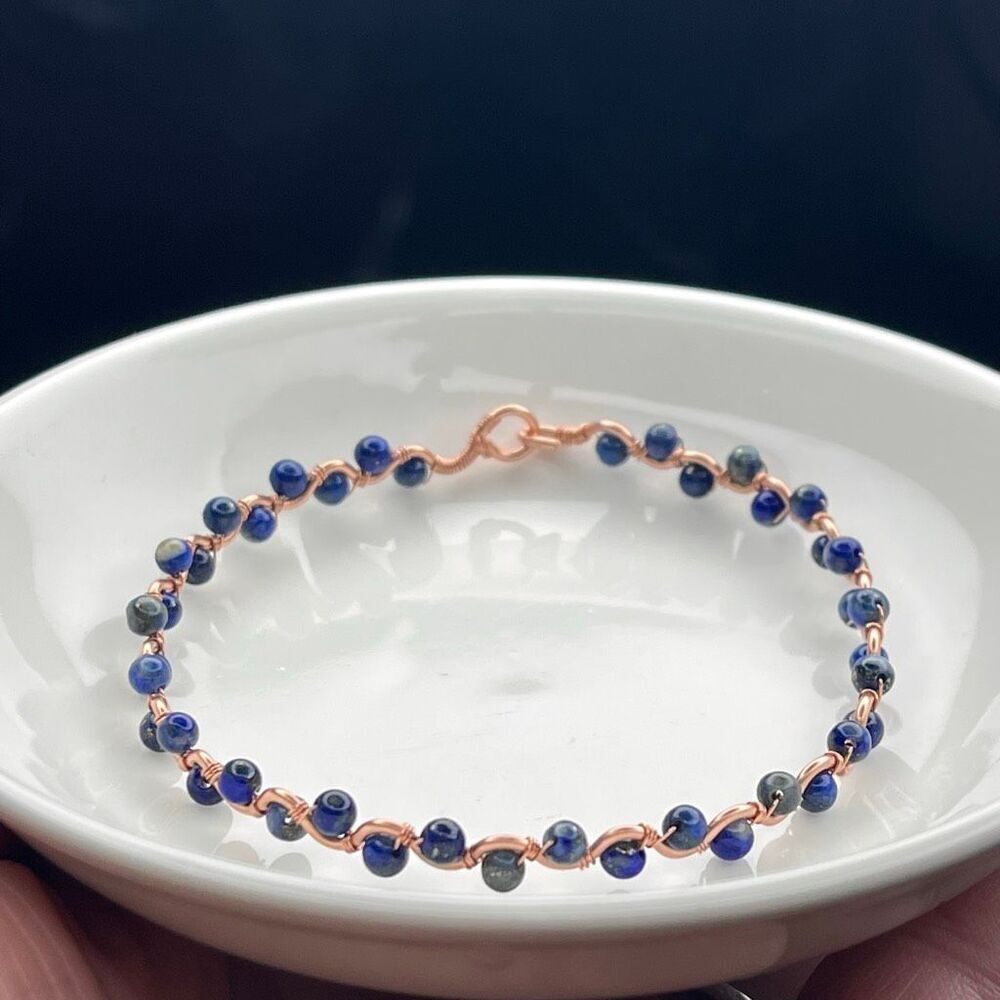 Lapis lazuli blue bangle bracelet 7” 99.9% copper wire beaded beads handcrafted